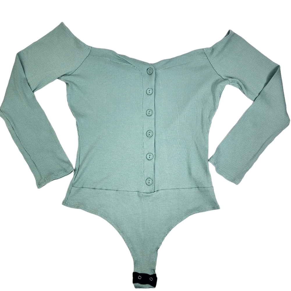 NWT Fashion Nova Fool In Love Off The Shoulder Body Suit Ribbed Green Size M